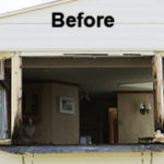 Window removed to inspect damage of static caravan